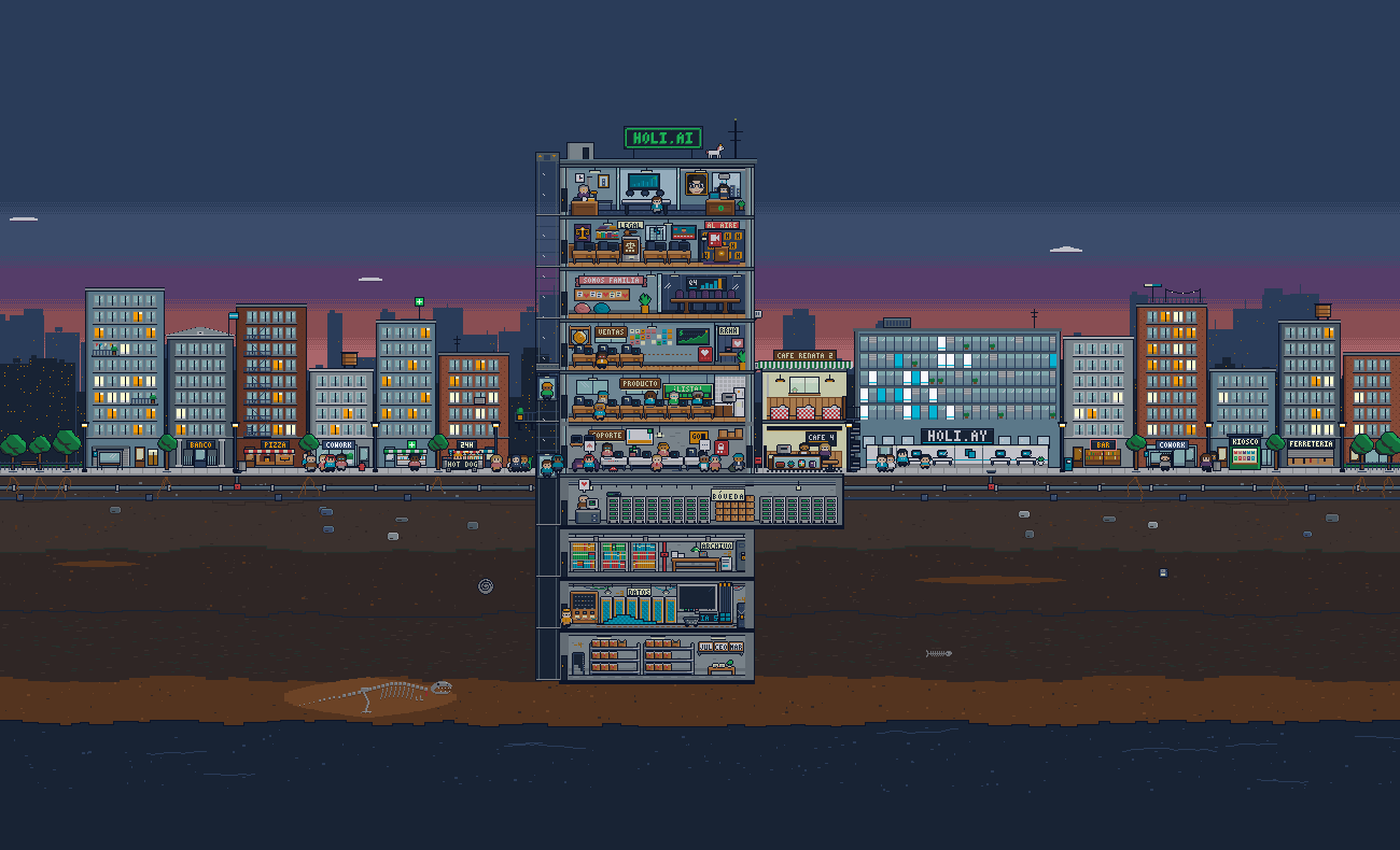 The company’s tower at dusk, cut open floor by floor: offices full of people, a café and a copycat next door, and basements dug deep into the ground.
