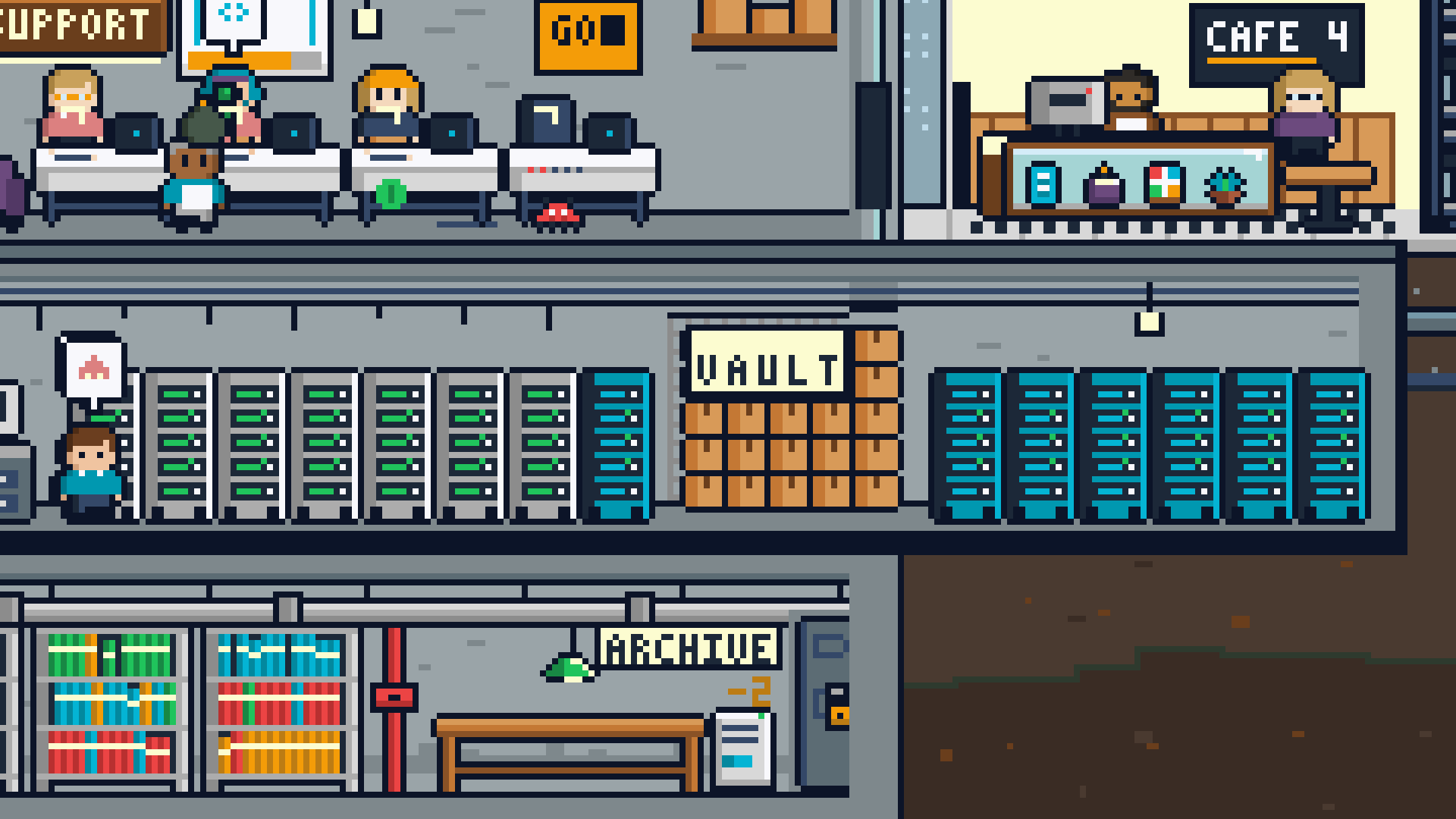 The basement: the server racks and the vault, full of boxes of smoke.