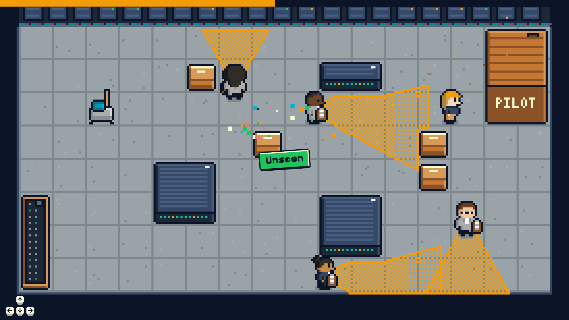 A minigame seen from above: guards with cones of sight, and a crate that got through unseen.